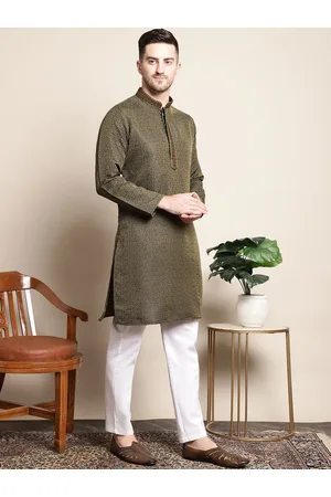 Floral Woven Design Mandarin Collar Thread Work Jacquard Cotton Silk Kurta